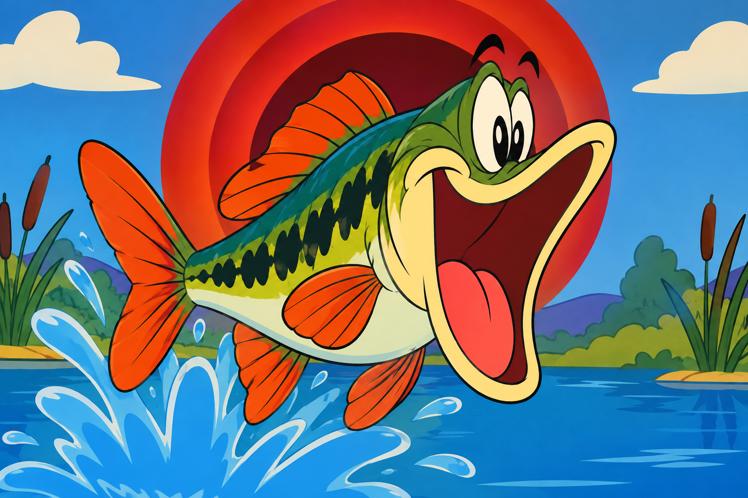 Colorful cartoon fish with an enormous open mouth